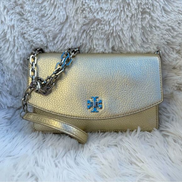 Tory Burch Robinson Metallic Gold Leather Crossbody Removable chain - Picture 1 of 14